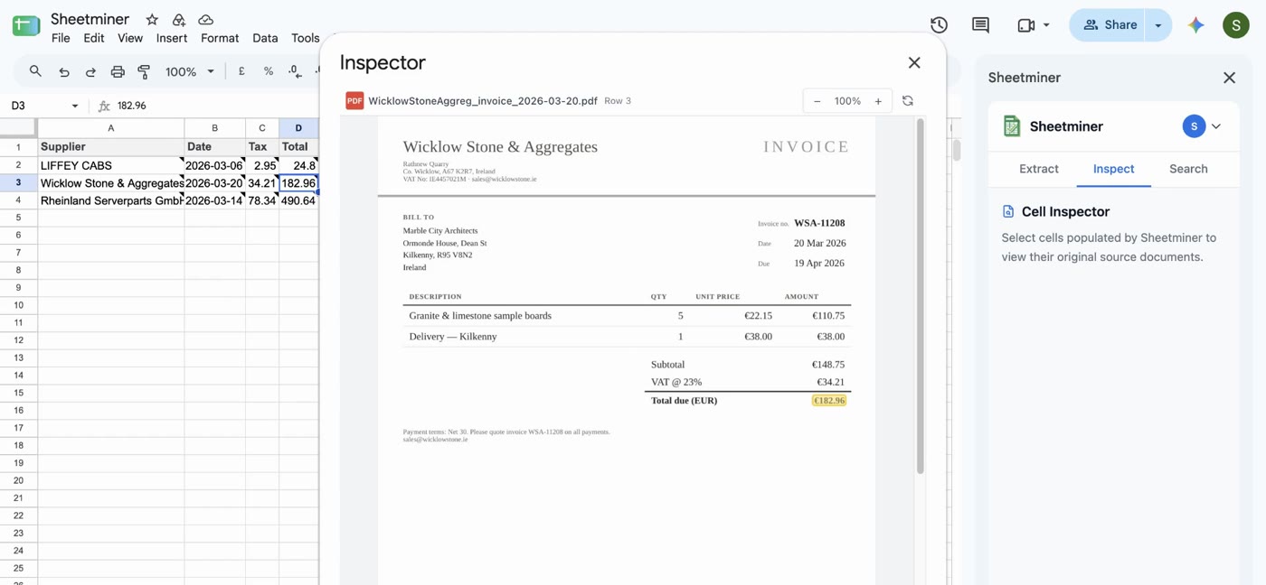 Inspect open on a Total cell in Google Sheets, showing the source invoice with the total due of €182.96 highlighted